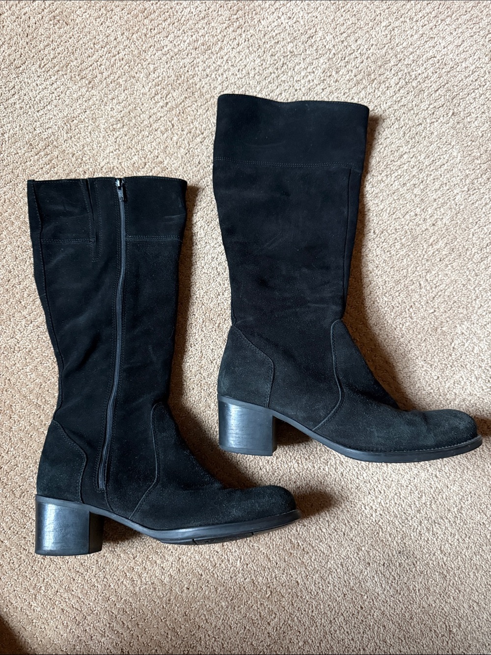 La Canadienne Black Suede Mid-Calf Block Heel Boots - Women Size 11